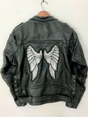 Heavyweight Leather King Moto Jacket with White Angel Wings -